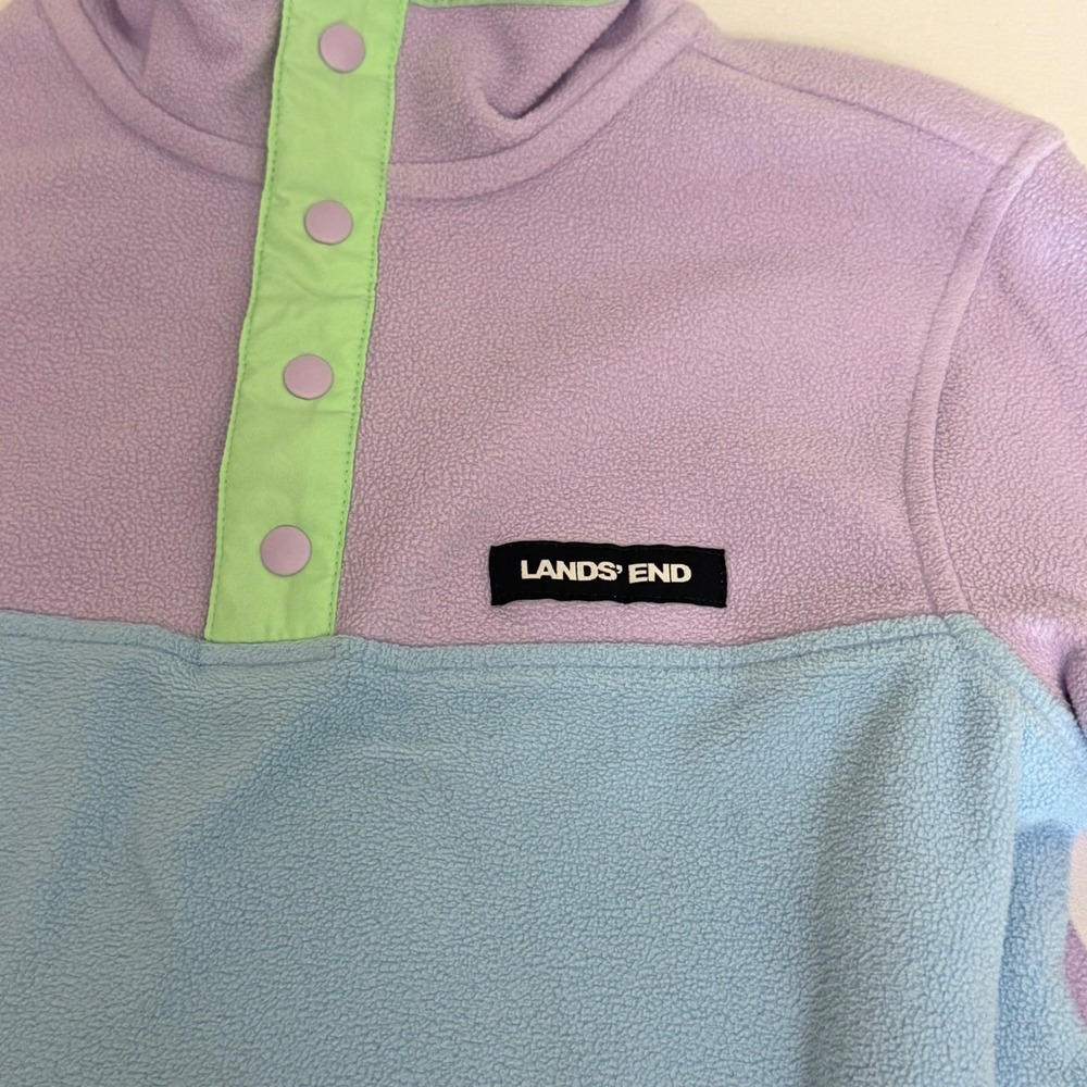 Lands End Kids M 8 Colorblock Fleece Pullover Snap Mock Neck Purple Blue Green - Picture 6 of 8
